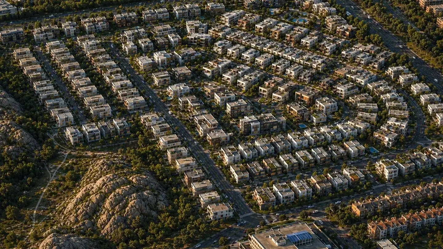 Burun A District — aerial over the plot grid and granite outcrops