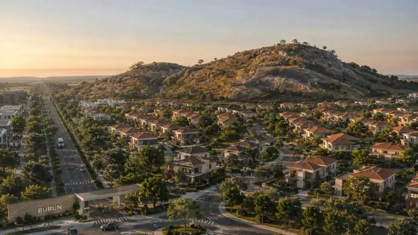 Burun A District — the entrance and Zokoyako Hills at golden hour