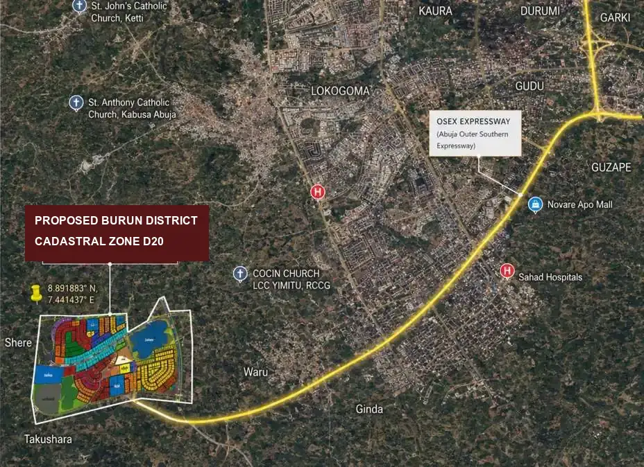 Burun A District — satellite context map showing the Outer Southern Expressway corridor
