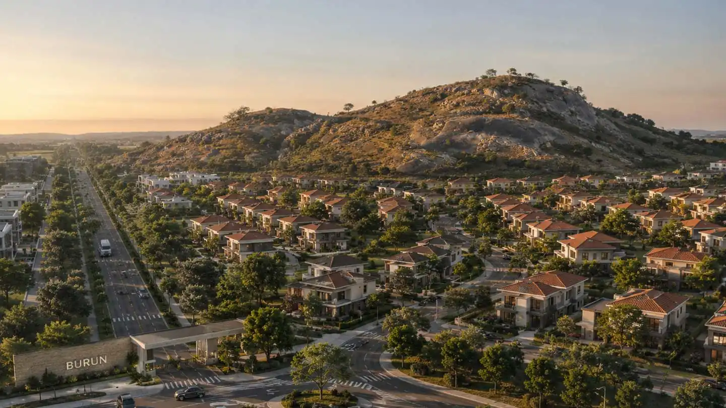 Burun A District — the entrance and Zokoyako Hills at golden hour